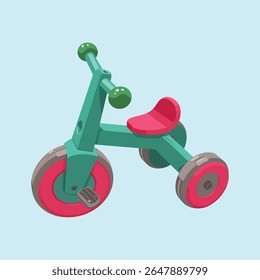 Triciclo verde brilhante para crianças com rodas vermelhas no projeto azul