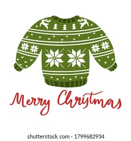 Bright green ugly sweater for Christmas party with snowflakes and deer ornaments. Isolated with hand drawn lettering.