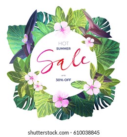 Hellgrüne Vektorgrafik-Design-Vorlage für den Sommerverkauf. Tropischer Banner mit grünen exotischen Palmenblättern und rosafarbenen Blumen.