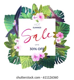 Bright green vector floral design template for summer sale. Tropical banner with green exotic palm leaves and pink flowers.