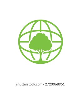 Icono de un Vector verde brillante que representa un globo terráqueo con un árbol en el centro, sobre un fondo blanco puro, mostrando una representación estilizada de la conservación ambiental global.