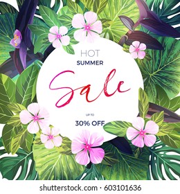 Bright green vector tropical background with pink and purple flowers. Exotic summer sale banner design.