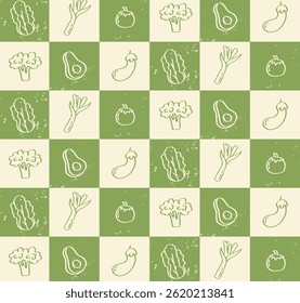 Bright Green Vegetable Checkerboard Pattern. Seamless vegetable pattern with green tiles and hand-drawn healthy food illustrations