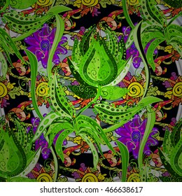 Bright green vintage colorful doodle flowers background. Vector illustration.