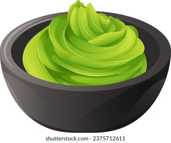 Wasabi verde brillante en platos negros. Ilustración vectorial de un plato asiático picante sobre fondo transparente