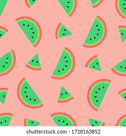 Bright green watermelons seamless pattern on pale pink background. Vibrant summer 2020 color scheme. Funny flat cartoon style. Vector illustration.