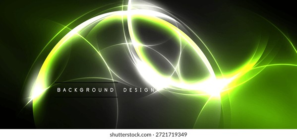 Hellgrüne, weiße Linien erzeugen abstrakte Kurven. Dunkler Hintergrund betont leuchtende Energie, moderne Design-Elemente vorhanden.