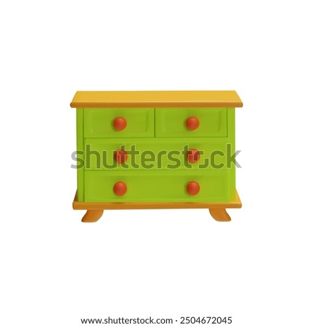 Bright green and yellow 3D wardrobe icon with red round knobs. The vector illustration features a playful design with four drawers, two small ones on top and two larger ones below.