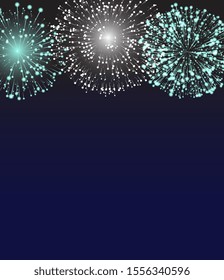 Bright green and yellow fireworks on night or evening sky. Pyrotechnics show on holiday celebration. Entertainment and attraction for people on diwali. Colorful explosions illustration in flat style