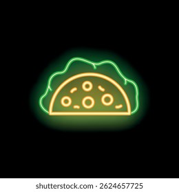 Sinal de néon verde e amarelo brilhante de um taco está brilhando sobre um fundo preto