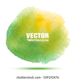 Bright green - yellow transparent spring watercolor vector circle stain isolated on white background with realistic paper watercolor texture. Aquarelle green spot. Blur wash drawing design element.