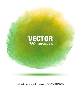 Bright green - yellow transparent spring watercolor vector circle stain isolated on white background with realistic paper watercolor texture. Aquarelle green spot. Blur wash drawing design element