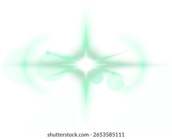 Efeito de intermitência luminosa esverdeada brilhante com realces suaves e raios brilhantes sobre fundo transparente. Efeito de luz vetorial para sobreposições em publicidade, web design, fantasia e ilustrações mágicas.