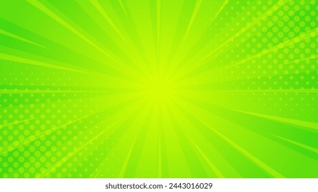 Fondo abstracto de degradado verde-amarillo brillante. Fondo verde de efecto sunburst cómico con semitonos. Adecuado para plantillas, banners de ventas, eventos, anuncios, sitios web y páginas