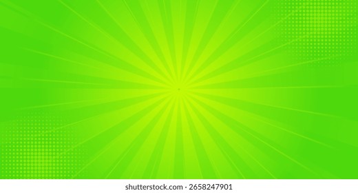 Bright green-yellow gradient abstract background. Green comic sunburst effect background with halftone. Suitable for templates, sales banners, events, ads, web, and pages