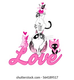 Bright greeting card with cheerful love cats
