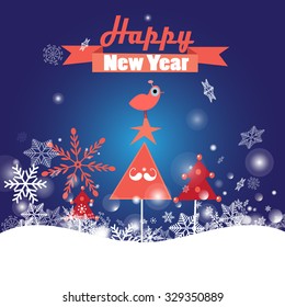 Bright greeting card with Christmas trees Christmas and a bird on a blue background with snowflakes