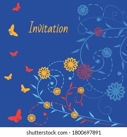 Bright Greeting card design template. Flower card with butterflies. Floral card for greetings or invitations. Decorative plant and flower element. Vector illustration	