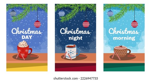 Bright greeting card designs with mugs of hot drinks and baubles. Posters with cups of coffee or hot chocolate on table, fir tree branch. Beverage, Christmas concept for promotional leaflet or flyer