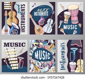 Diseño de tarjetas de felicitación brillante con instrumentos musicales. Conjunto de diversos instrumentos musicales en folletos. El concepto de música y entretenimiento. Plantilla para folleto o folleto promocional