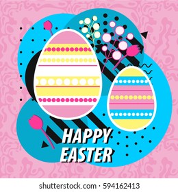 Bright greeting card for Easter with eggs and flowers. Color composition with simple geometric figures
