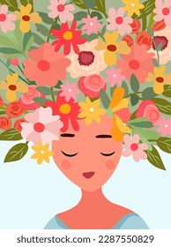 Una tarjeta de saludo brillante con una mujer elegante y flores de ramo en la cabeza. Concepto tu floración. Perfecto para tarjetas del Día de la Madre, cumpleaños, carteles, afiches, invitaciones, etc. Vector