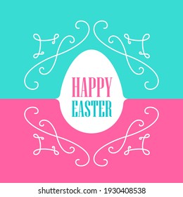 Bright greeting card with floral line art elements and egg silhouette. Happy Easter - Vector illustration.