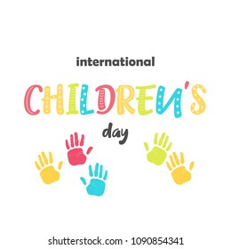 Bright greeting card with hand drawn lettering for Childrens day in minimalist style. Vector illustration for Holiday Collection.
