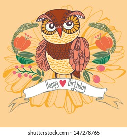 Bright greeting card "Happy birthday" with cute owl.Bright illustration, can be used as creating card,invitation card for wedding, birthday and other holiday and cute summer background.