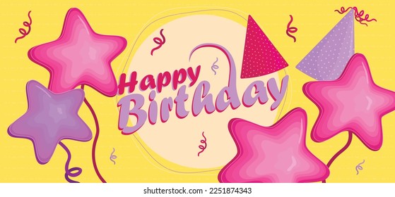 Bright greeting card for Happy Birthday on yellow background