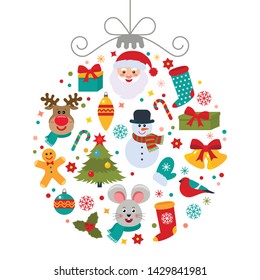 Bright greeting card Happy New Year 2020. Abstract Christmas ball with the symbols of Christmas - Santa, Christmas trees, deer, gift, mouse, gingerbread. flat vector illustration on white background