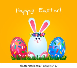 Bright greeting card with an inscription Happy Easter. Easter bunny in the form of eggs. vector illustration
