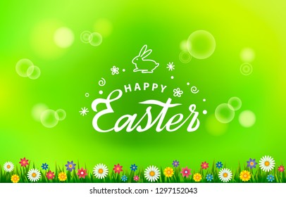 Bright greeting card with the inscription Happy Easter and Easter bunny with the logo. Retro lettering on the background of green grass and spring flowers