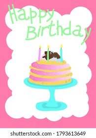 bright greeting card with the inscription Happy birthday, hand-drawn, cartoon graphics.