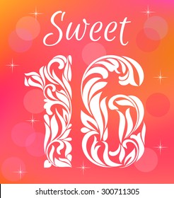 Bright Greeting card Invitation Template. Sweet Sixteen