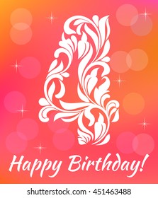 Bright Greeting card Invitation Template. Celebrating 4 years birthday. Decorative Font with swirls and floral elements.