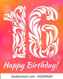 Bright Greeting card Invitation Template. Celebrating 16 years birthday. Decorative Font with swirls and floral elements.