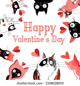 Bright greeting card with loving cats and hearts on a white background. Valentine's day card.