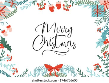 Bright greeting card with merry christmas lettering vector illustration. Red gloves present box with ribbon flat style. Handwritten inscription. Isolated on white background