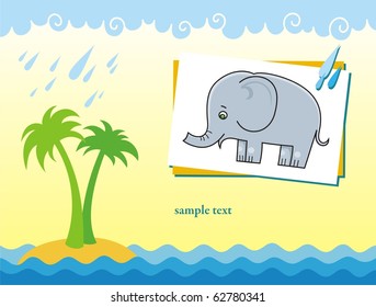 Bright greeting card with a picture of elephant