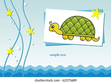Bright greeting card with a picture of a turtle