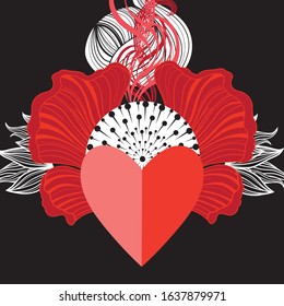 Bright greeting card with a red heart on a dark background