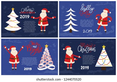 Bright greeting card with Santa and tree on blue. Christmas and New Year 2019 postcard, Xmas vector abstract spruces, topped by star, fir plants, text