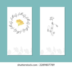 Bright greeting card with stylized poppy flowers. Design template for a greeting card or invitation with a pattern of flowers.