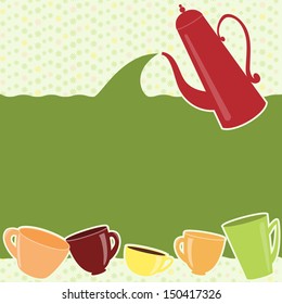 Bright greeting card with teapot and cups