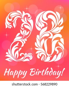 Bright Greeting card Template. Celebrating 28 years birthday. Decorative Font with swirls and floral elements