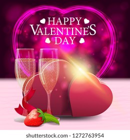 Bright greeting card for Valentine's Day with a shining heart, glasses of champagne and two hearts