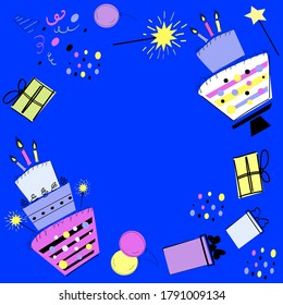 Bright greeting card.Frame for your text.Festive banner for birthday, anniversary.Cake and decorations on a blue background.