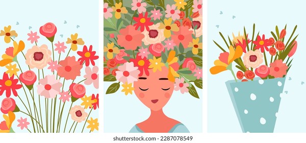A bright Greeting cards featuring an elegant woman a flowers on head, bouquet flowers. Concept your blooming. Perfect for Mothers Day cards, birthdays, banners, posters, invitations etc. Vector