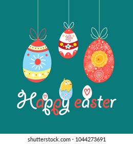 Bright greeting happy Easter card with eggs and chicken